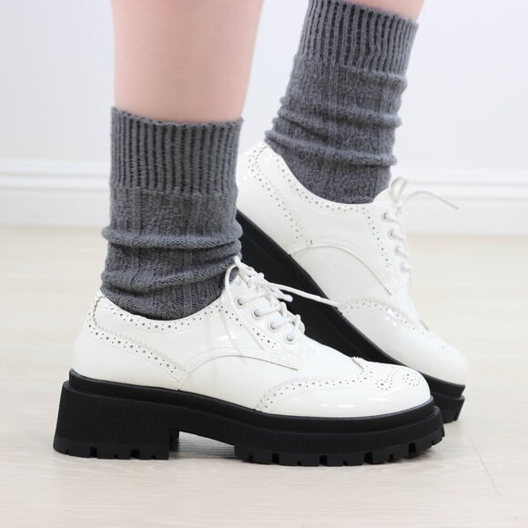 White Patent Brogue Loafers  Chunky Black Lug Sole Oxfords - Picture 4 of 16